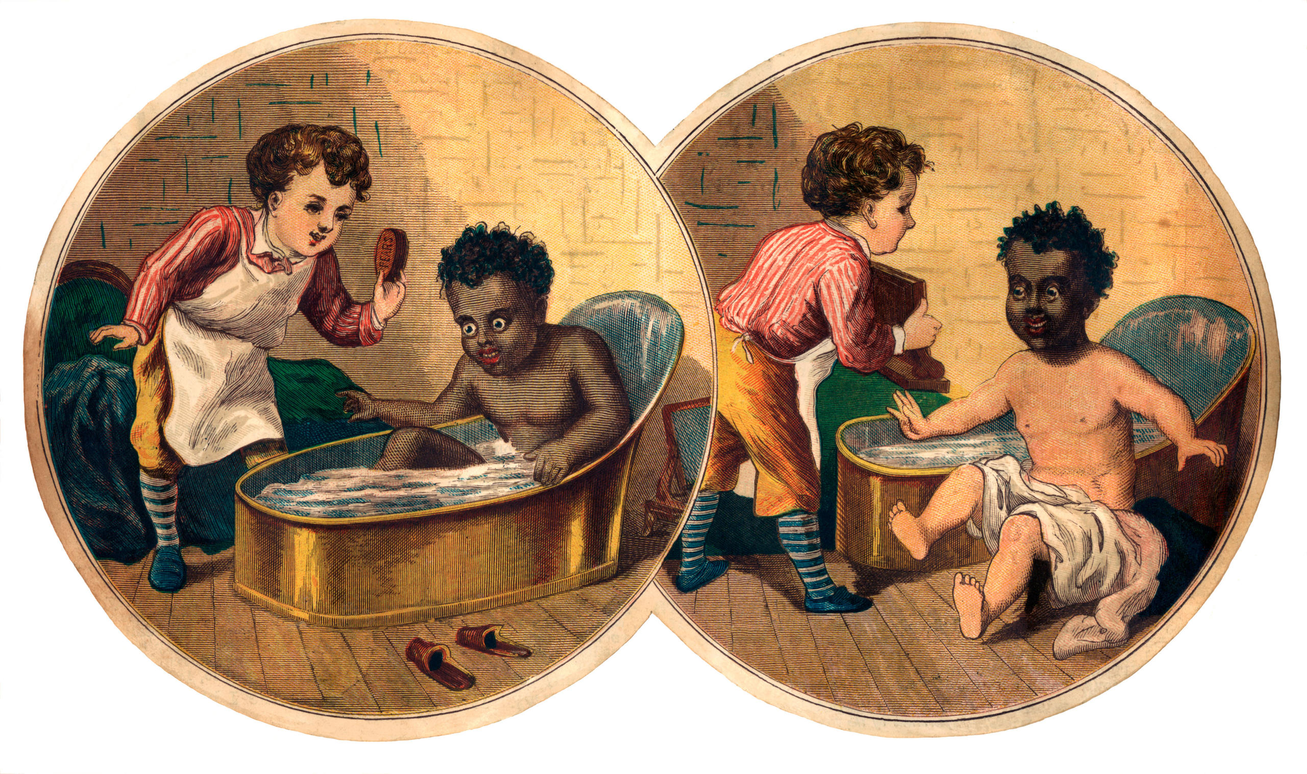 Dessin d un enfant blanc nettoyant un enfant noir avec du savon